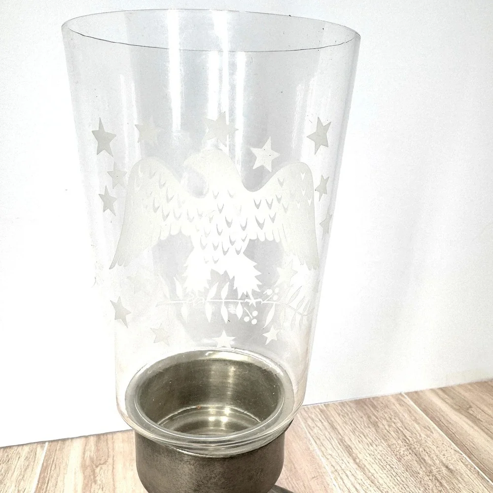 Vintage Americana Eagle Stars Glass Hurricane Candle Holder Pewter Tone Base